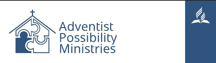 Adventist Possibility Ministries logo, featuring a church icon constructed from interlocking puzzle pieces with a cross on top, alongside the ministry name and the Seventh-day Adventist symbol on a blue vertical banner.